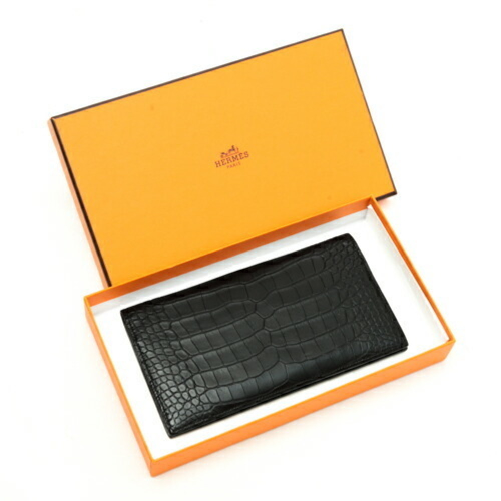 Hermes Fleming Wallet Crocodile Alligator Matte X Card Case Black